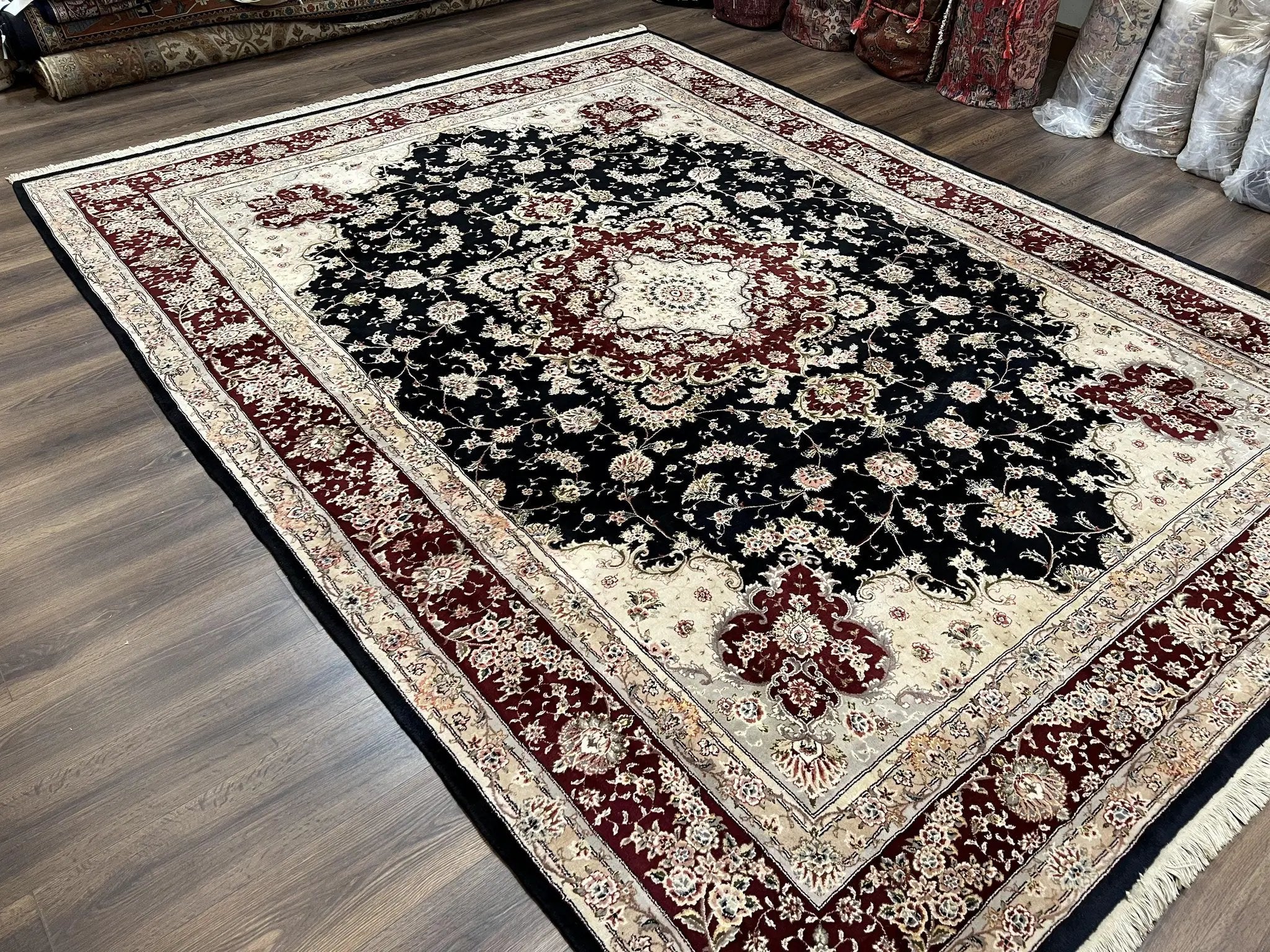 Pak Persian Rug 8.8 x 10.6, Floral Medallion, Wool and Silk Hand Knotted Fine Oriental Carpet, Elegant Rug, Black Gray Burgundy, Room Sized by Jewel Rugs