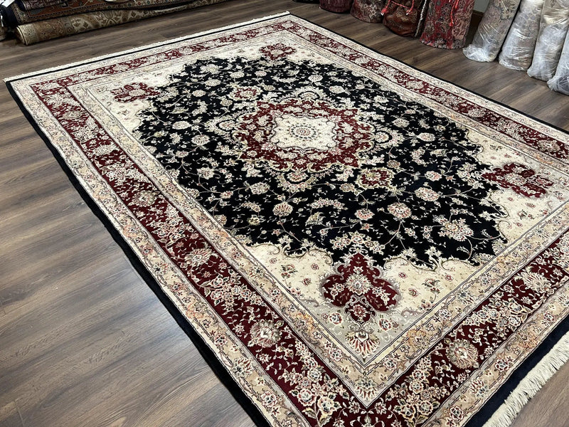 Pak Persian Rug 8.8 x 10.6, Floral Medallion, Wool and Silk Hand Knotted Fine Oriental Carpet, Elegant Rug, Black Gray Burgundy, Room Sized by Jewel Rugs