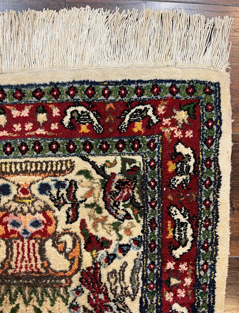 Small Indo Persian Rug 2x3 ft, Wool with Silk Highlights, Animal Pictorials, Birds by Jewel Rugs