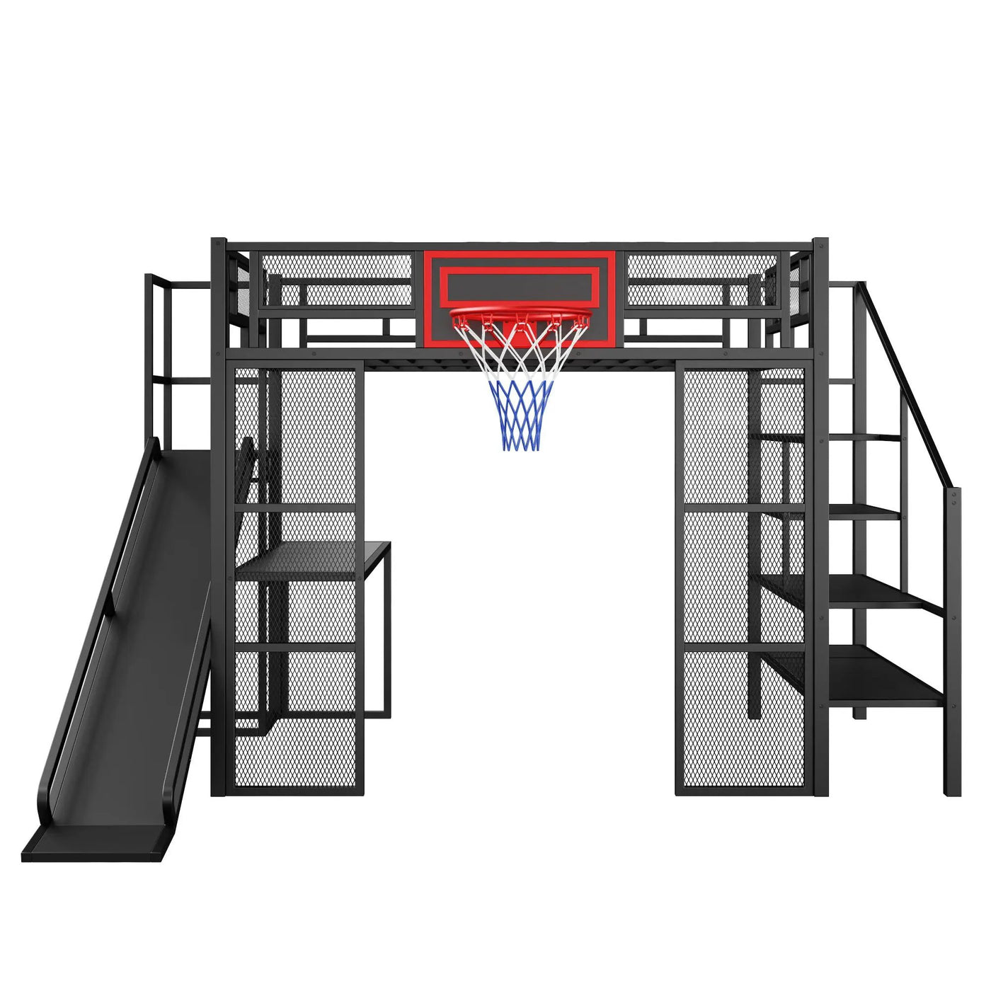 Loft Bed With Built In Desk, Open Wardrobe, Basketball Hoop, Slide And Staircase by HouseOfZazla