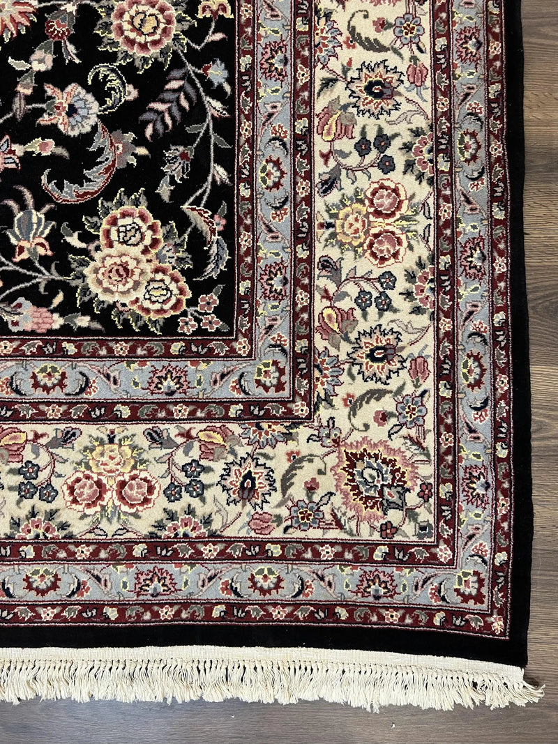Pak Persian Rug 9x12, Floral Allover, Hand Knotted Oriental Carpet 9 x 12 ft, Black and Cream, Detailed, Wool with Silk Highlights, Vintage by Jewel Rugs