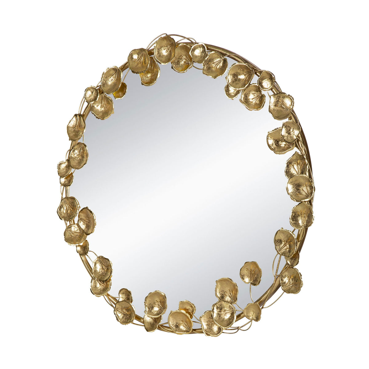 Round Metal Wall Mirror With Leaf Accents in Gold, photo 6 of 8
