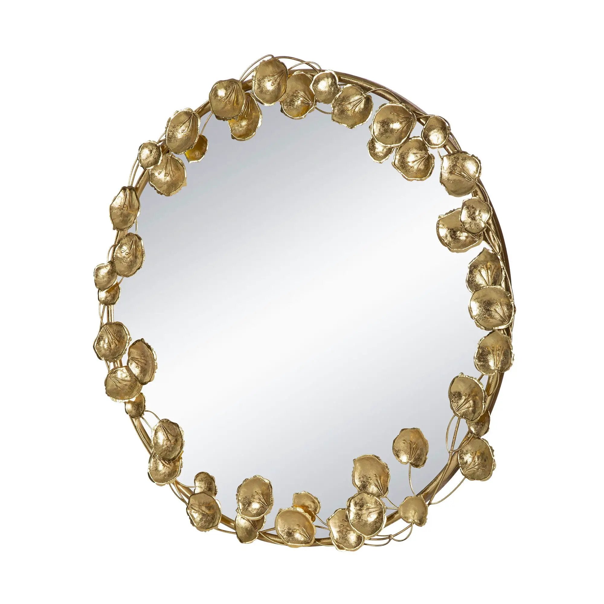Round Metal Wall Mirror With en Leaf Accents, Modern Decor Mirror For Living Room Entryway Hallway - Gold by HouseOfZazla
