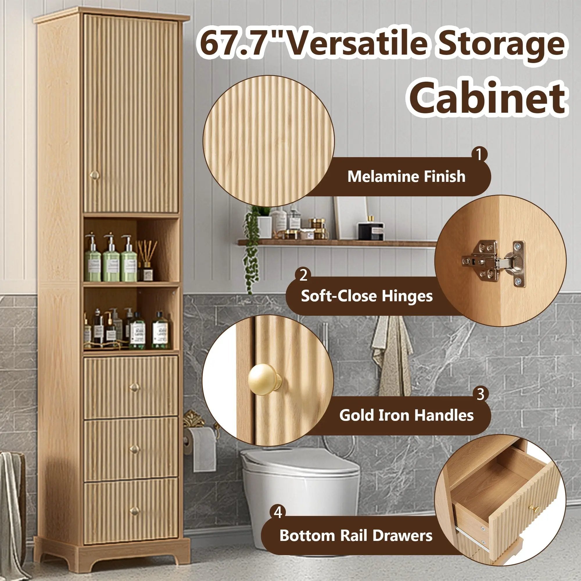 Tall Bathroom Cabinet With 1 Door, 3 Drawers, Open Storage - Wood by HouseOfZazla