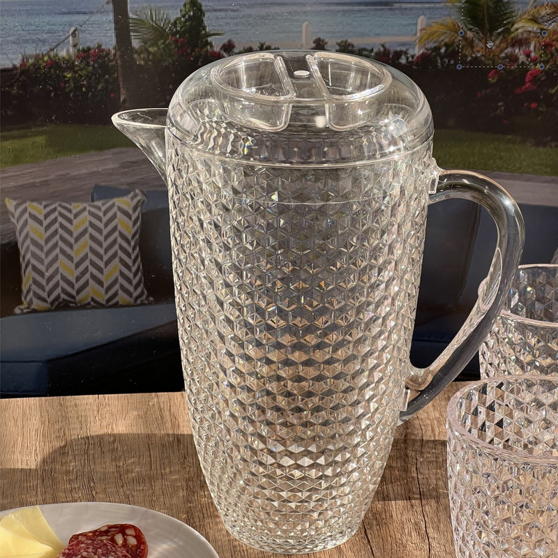Diamond Cut Unbreakable Plastic Water Pitcher with Lid, 2.5 Quarts, Clear Acrylic, Easy-Pour Spout by HouseOfZazla