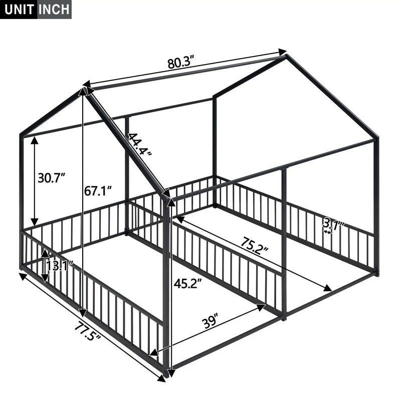 House Platform Beds, 2 Shared Beds, Metal Frame With Guardrails by Unique Piece Furniture
