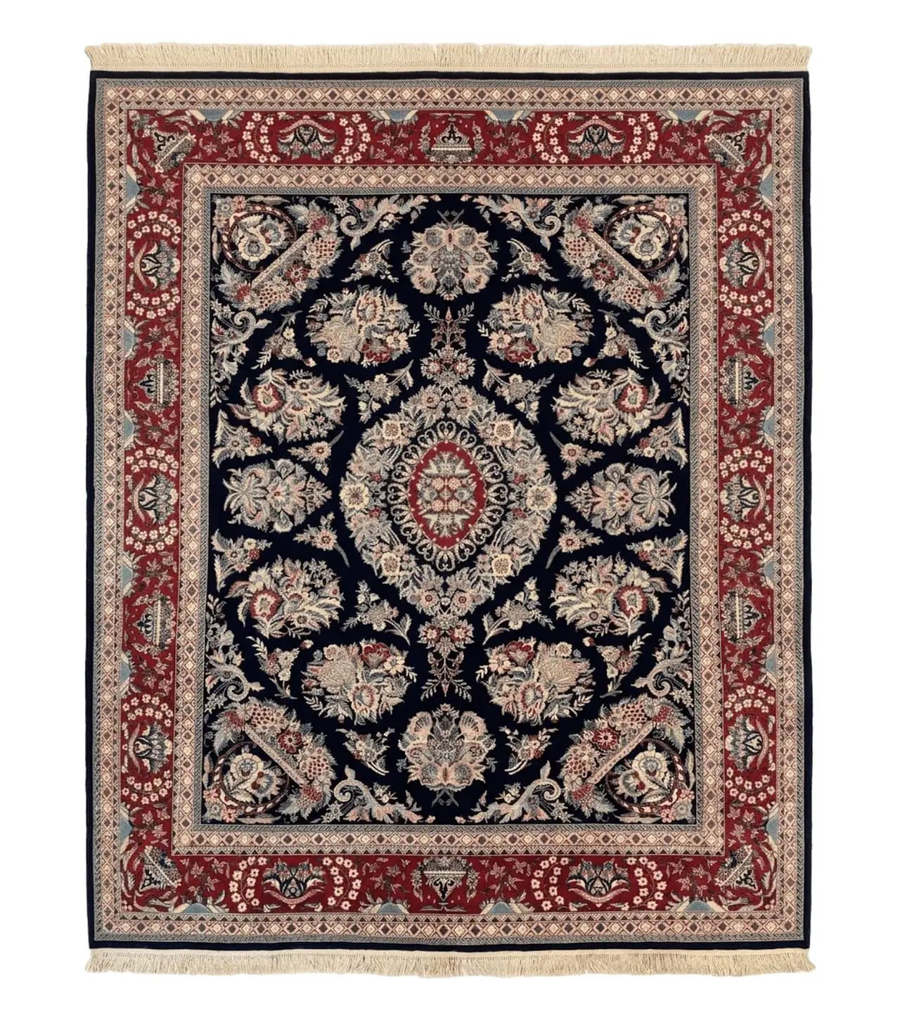 Sino Persian Rug 8x10, Floral Kirman Carpet, Navy Blue and Red, Floral Vases, Handmade Vintage Wool Carpet, 320 KPSI by Jewel Rugs