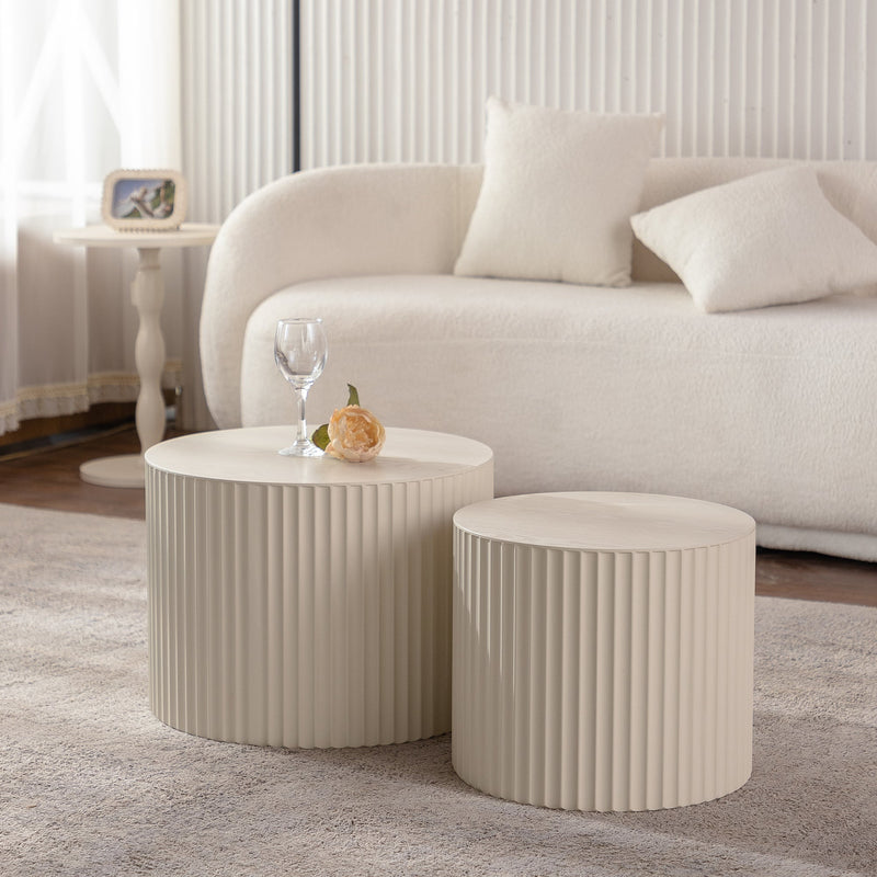 Beige Nesting Coffee Table Set of 2 Modern Drum Side Tables by HouseOfZazla