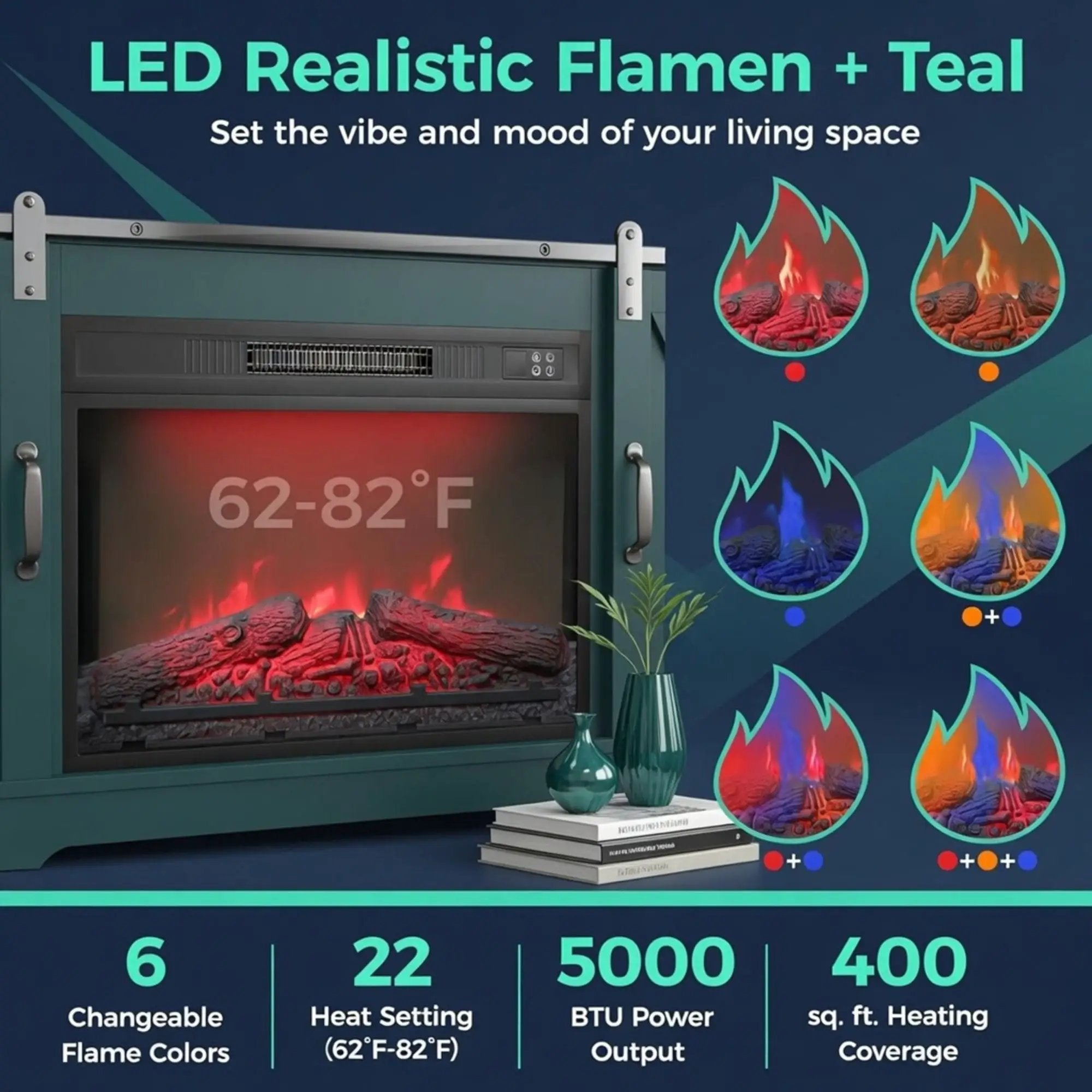 Electric Fireplace Insert Heater With Multicolor Flames, Remote Control - Black by HouseOfZazla