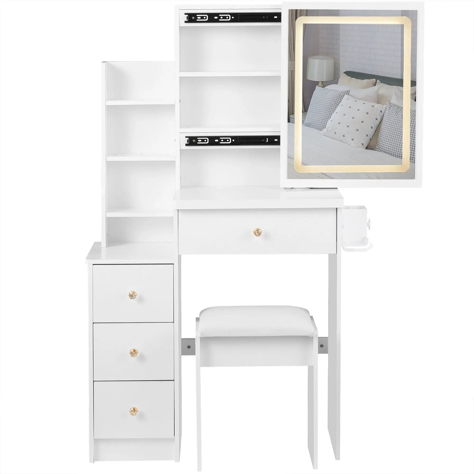 Cabinet Vanity Table & Cushioned Stool, USB Power Station, Hair Dryer Bracket - White by HouseOfZazla