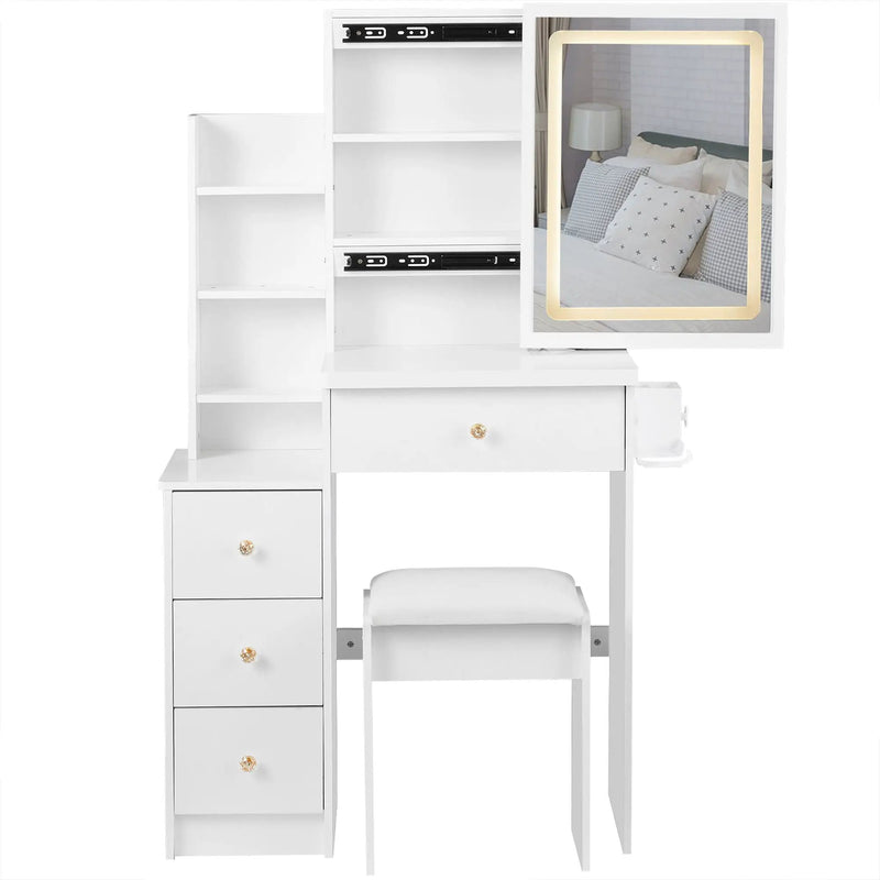 Cabinet Vanity Table & Cushioned Stool, USB Power Station, Hair Dryer Bracket - White by HouseOfZazla