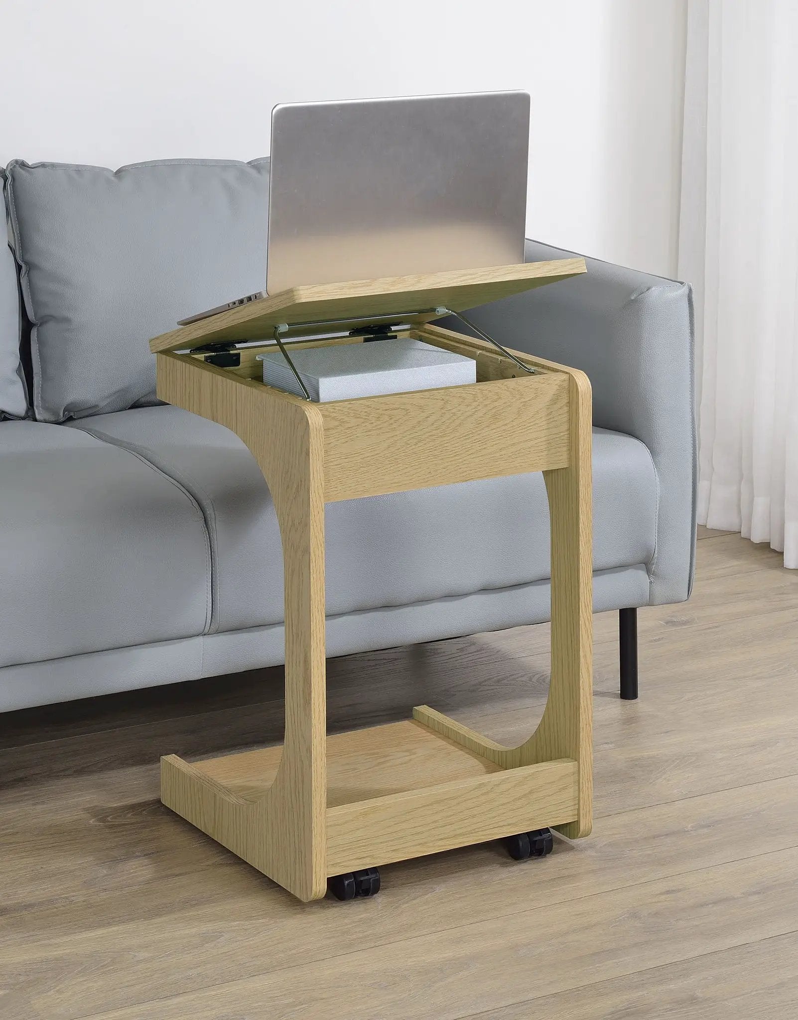 Ralston C-Shaped Lift-Top Sofa Side Table With Casters Light Oak by Unique Piece Furniture