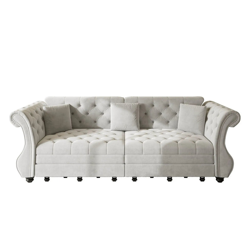 Oversized Chesterfield Pull Out Sofa Bed, Roll Arm Couch With Flower Tufting For Living Room