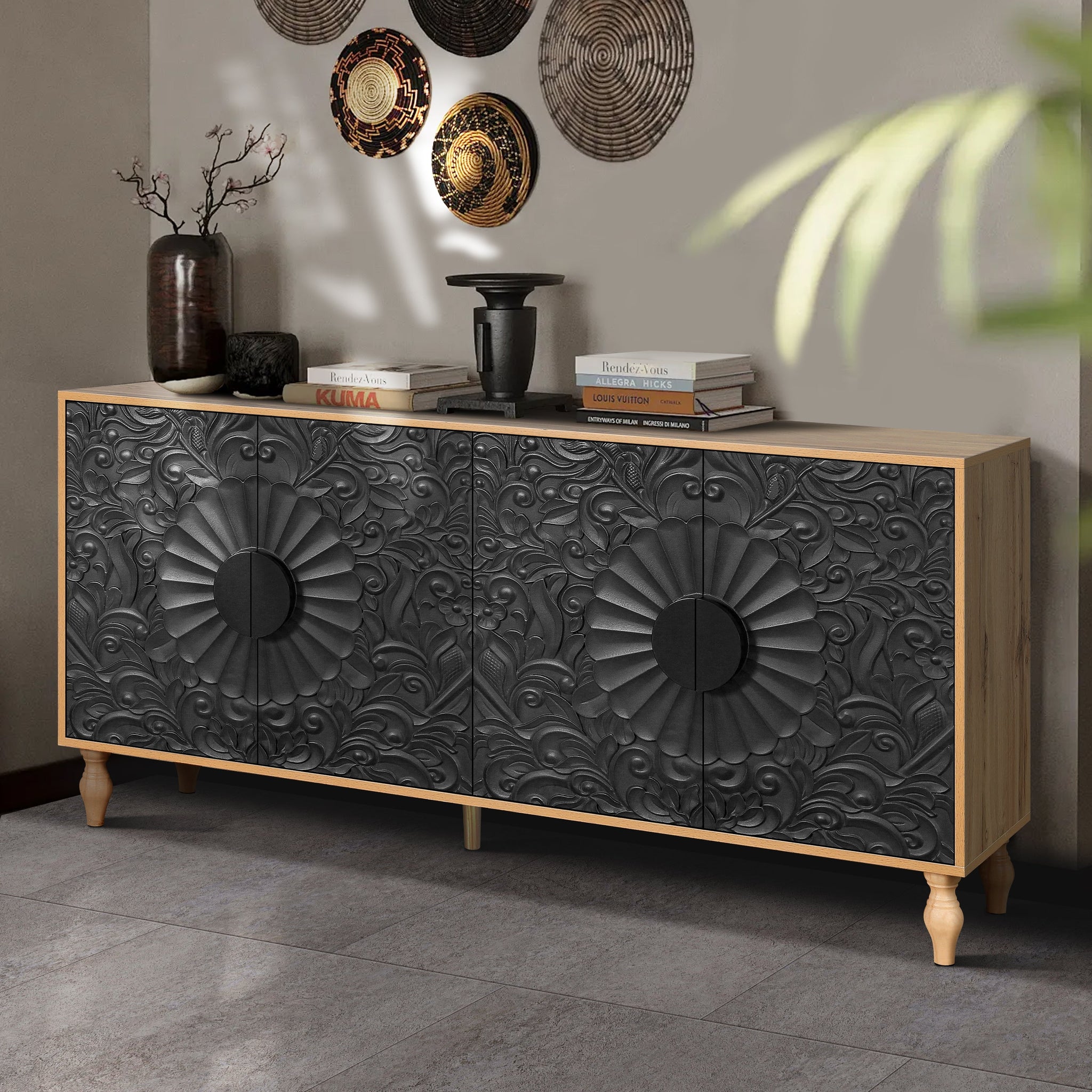 Black Carved Symmetrical Design Door And Wood Coloured Frame TV Stand by HouseOfZazla