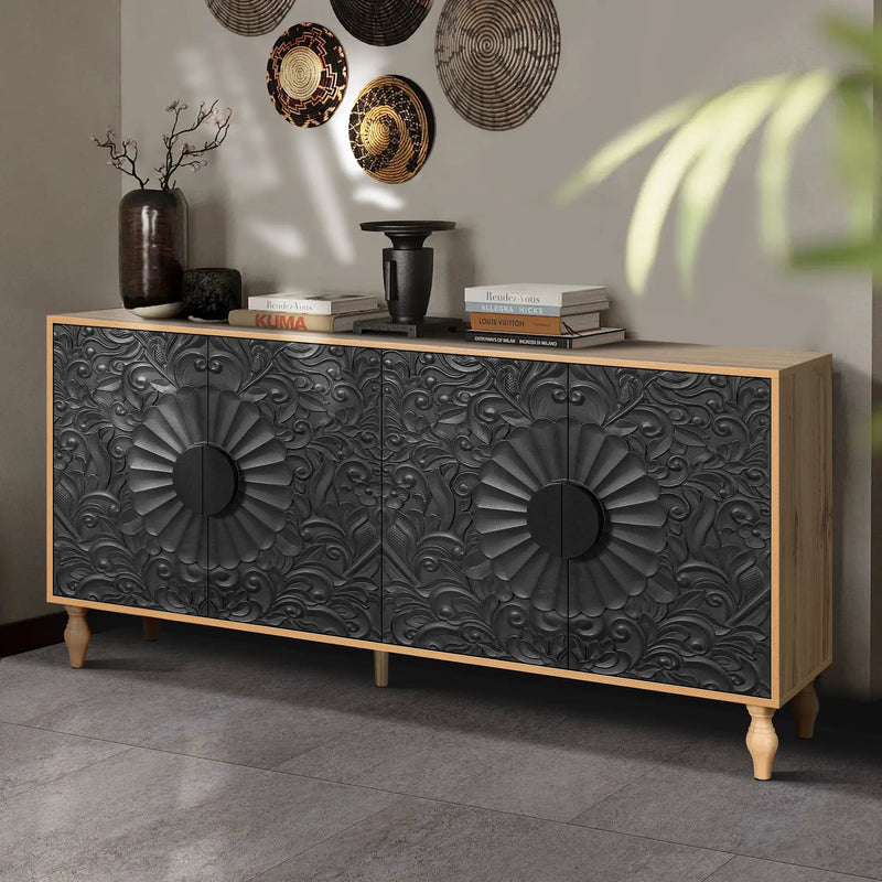 Black Carved Symmetrical Design Door And Wood Coloured Frame TV Stand by HouseOfZazla