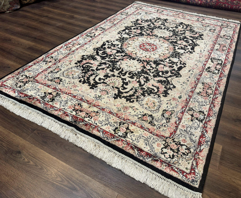 Indian Kashmiri Silk Rug, Floral Medallion, Vintage Hand Knotted Carpet by Jewel Rugs