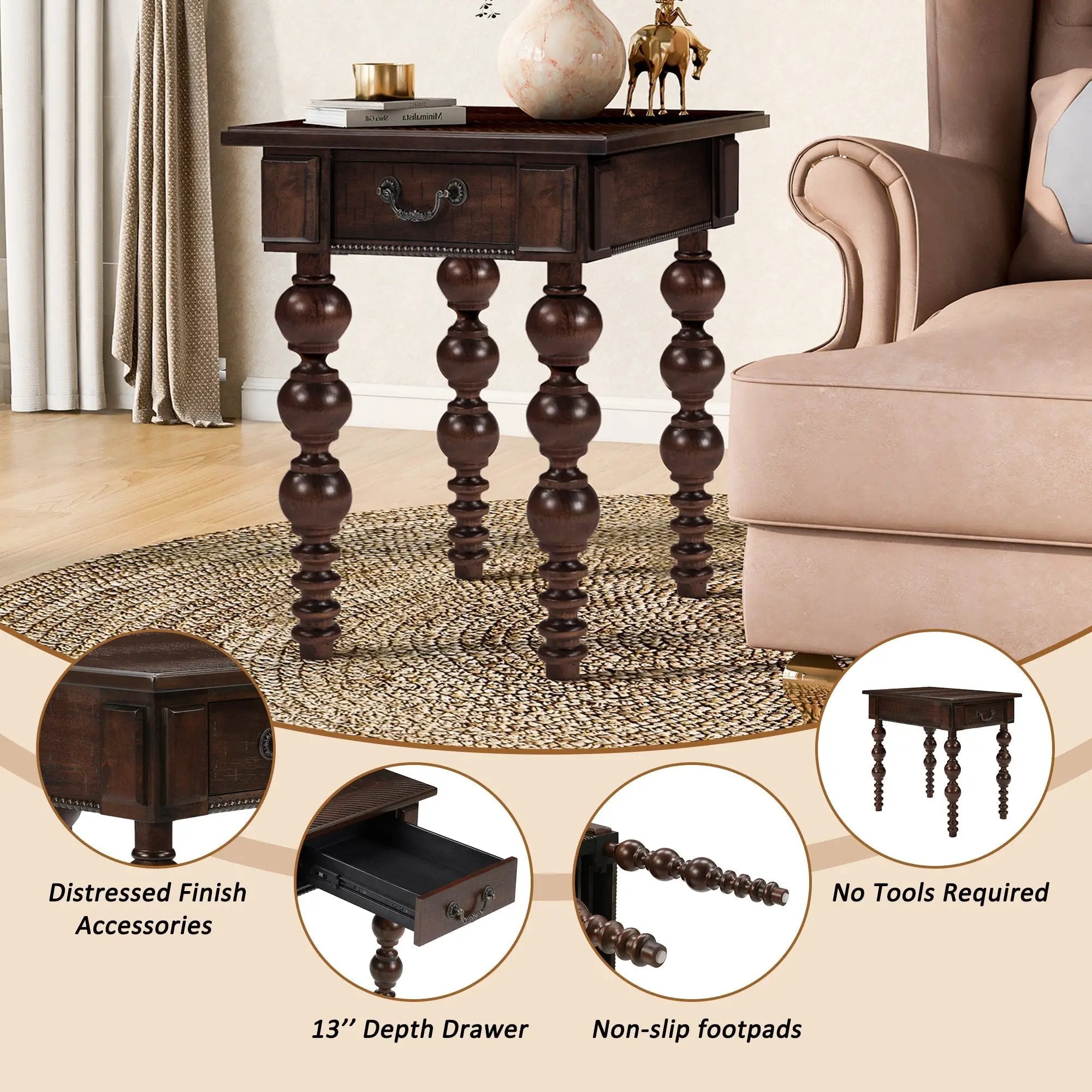 Solid Wood End Table with Drawer in Espresso Finish by HouseOfZazla