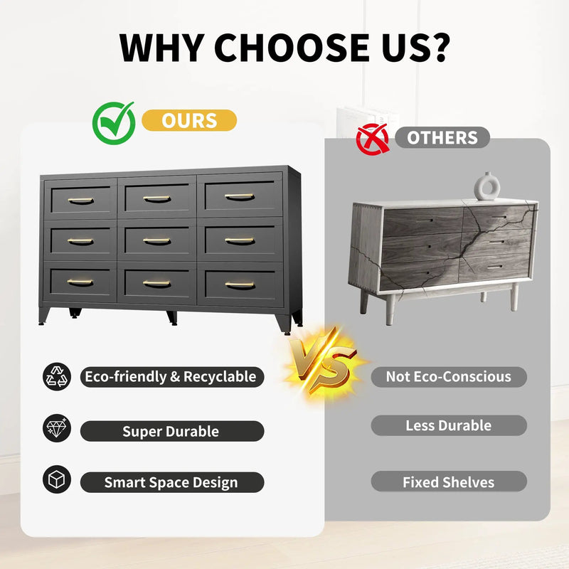 9 Drawer Dresser for Bedroom, Metal Profile Chest of Drawers by HouseOfZazla