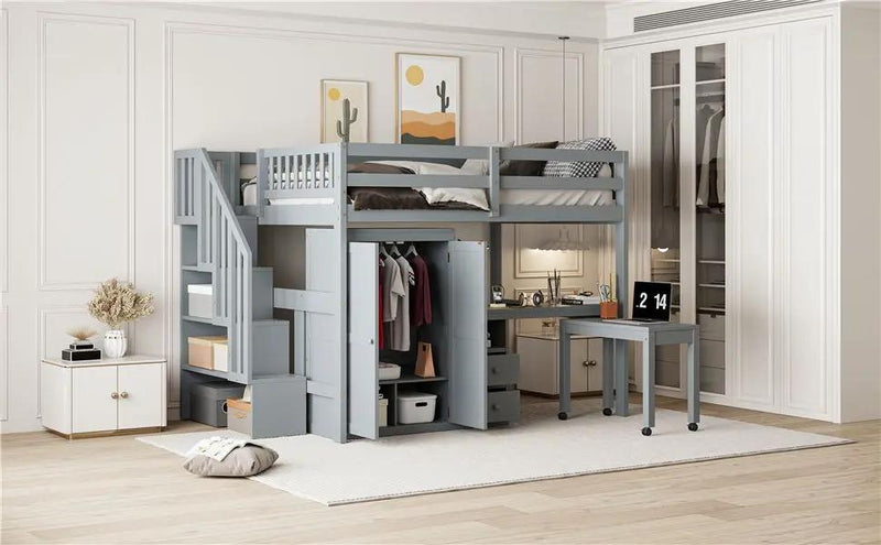 Loft Bed With Stairs, Bookshelf, Drawers, Desk & Wardrobe, Space Saving Multifunctional Furniture by HouseOfZazla