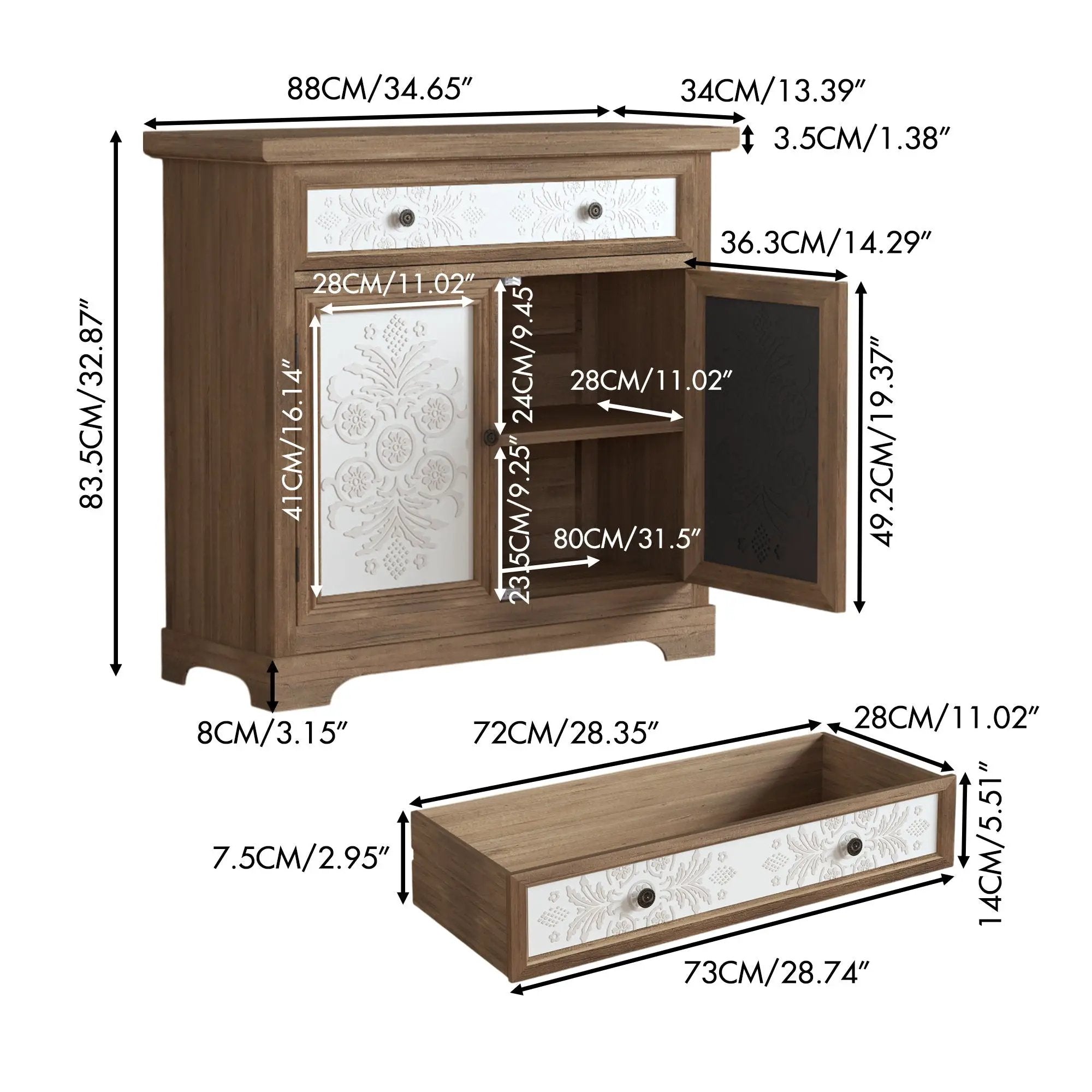 Accent Cabinet With Carved Floral Panels, Sideboard With Drawer And Double Doors - Antique Brown / White by HouseOfZazla