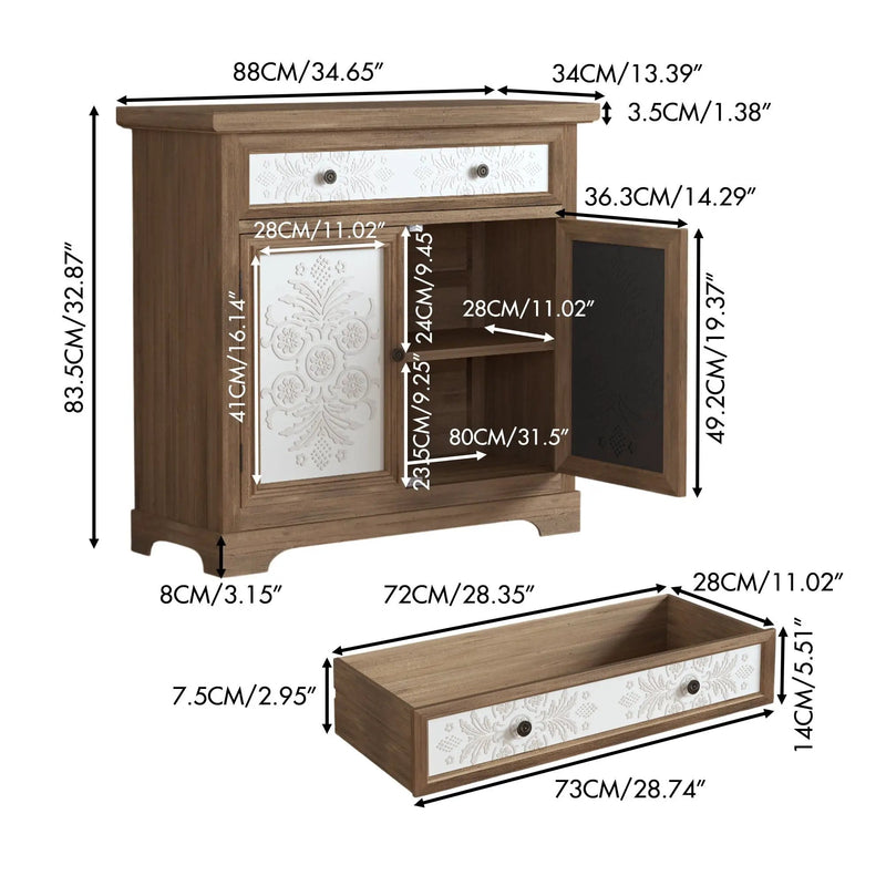 Accent Cabinet With Carved Floral Panels, Sideboard With Drawer And Double Doors - Antique Brown / White by HouseOfZazla