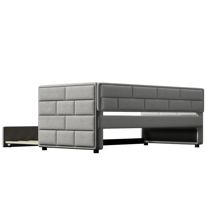 Upholstered Twin Size Daybed With Trundle, Padded Back And Sides - Gray by HouseOfZazla