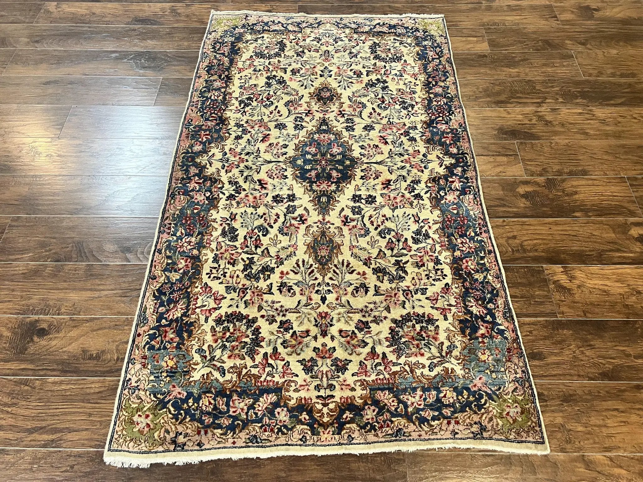 Antique Persian Kirman Rug 4x7, Cream and Navy Blue, Hand Knotted Wool Floral Carpet by Jewel Rugs