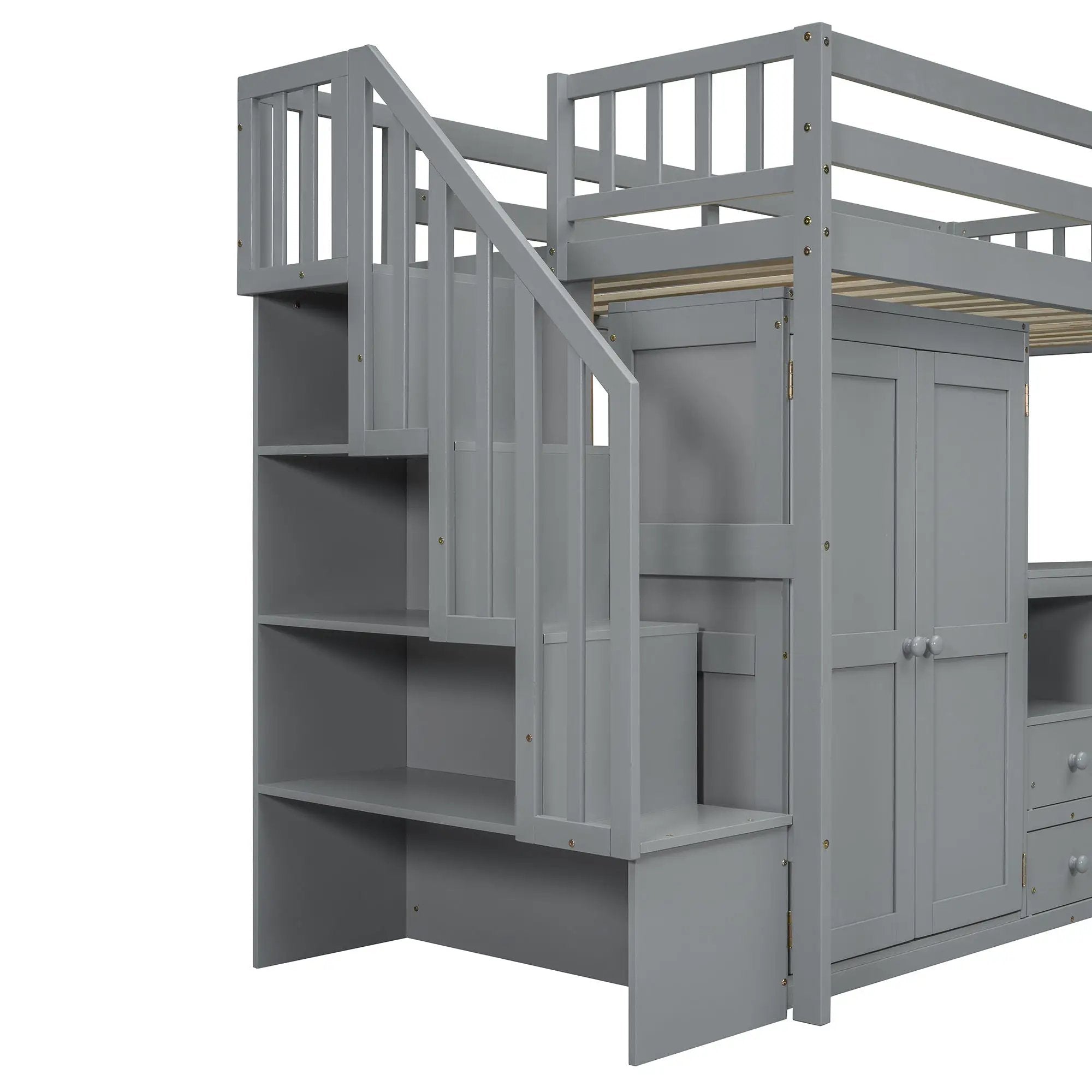 Loft Bed With Stairs, Bookshelf, Drawers, Desk & Wardrobe, Space Saving Multifunctional Furniture by HouseOfZazla
