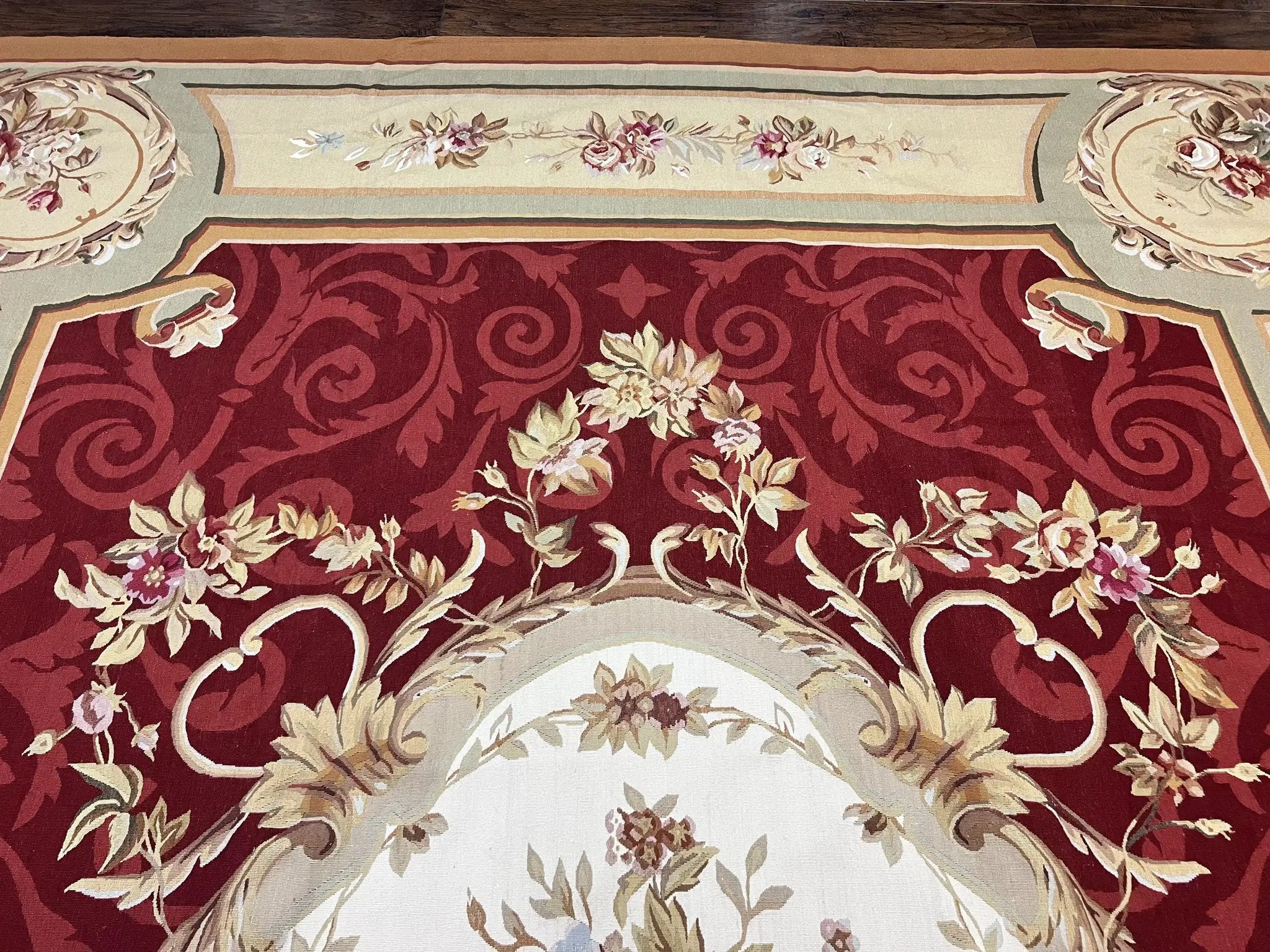 Large Aubusson Rug 10x14, Wool Handmade Vintage Carpet, Dark Red Ivory Tan, French European Elegant Aubusson Weave Rug by Jewel Rugs