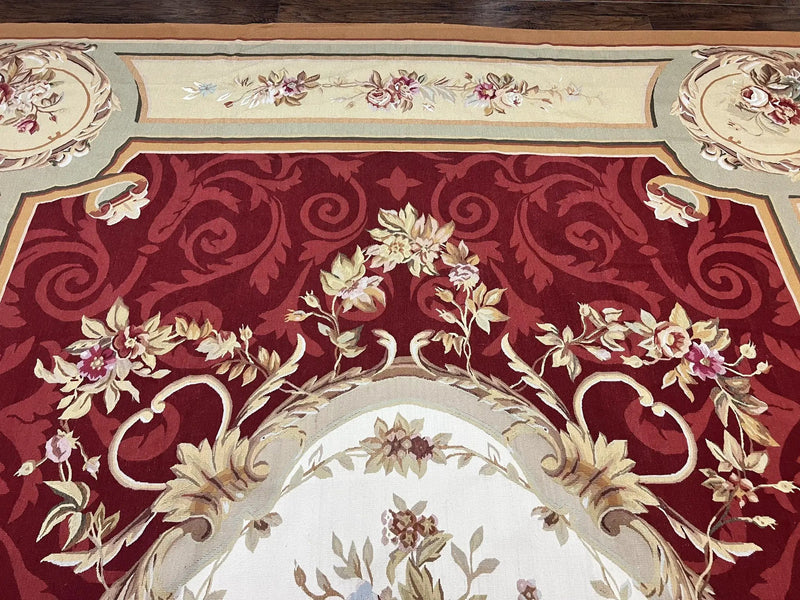 Large Aubusson Rug 10x14, Wool Handmade Vintage Carpet, Dark Red Ivory Tan, French European Elegant Aubusson Weave Rug by Jewel Rugs