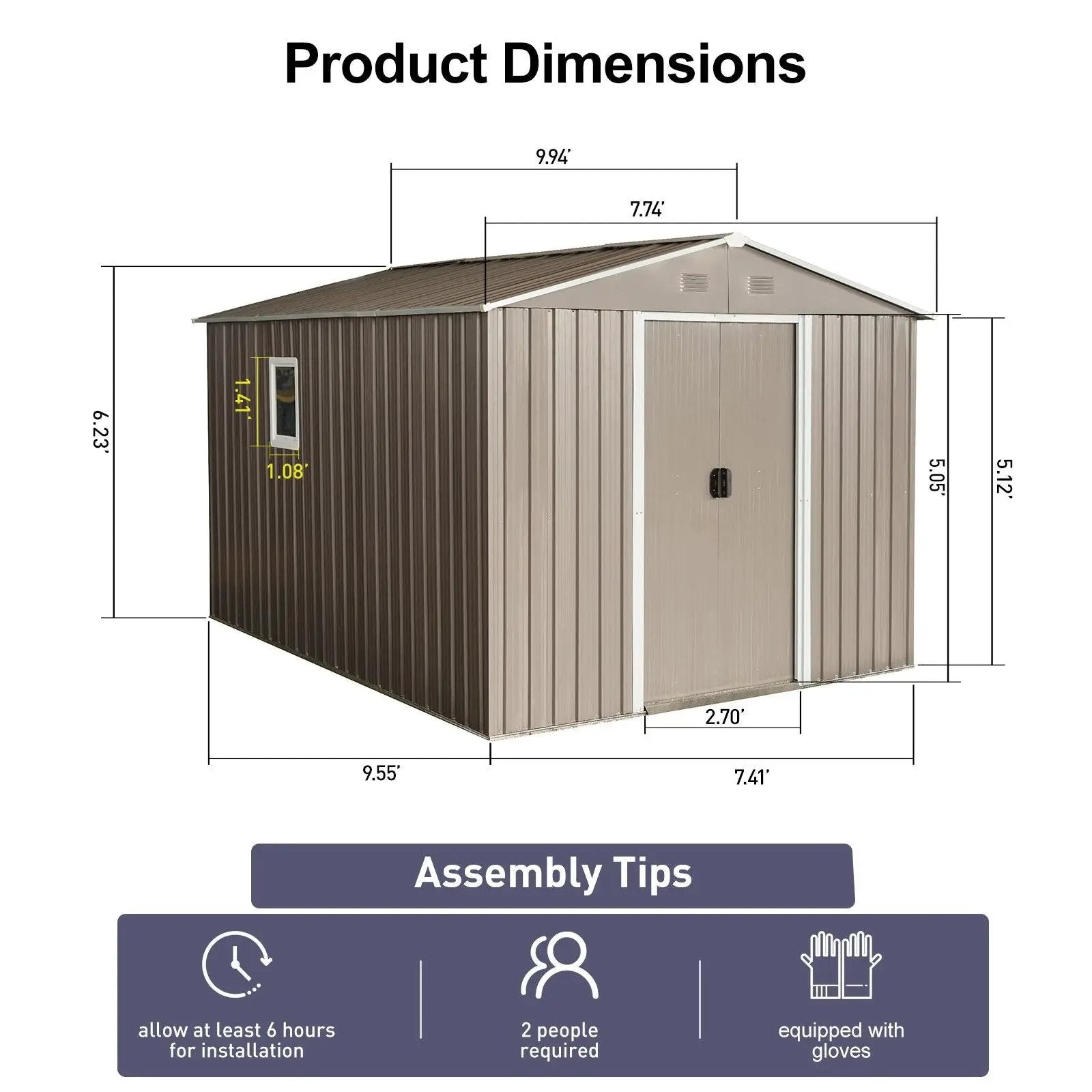 8Ft x 10Ft Outdoor Metal Storage Shed With Metal Floor Base, With Window - Gray by HouseOfZazla