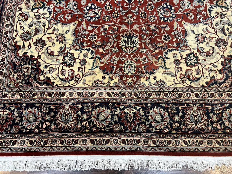 Fine Sino Persian Rug 7x10 ft, Floral Central Medallion Oriental Carpet, Red Navy Blue Cream, Hand Knotted Wool Traditional Vintage Rug by Jewel Rugs