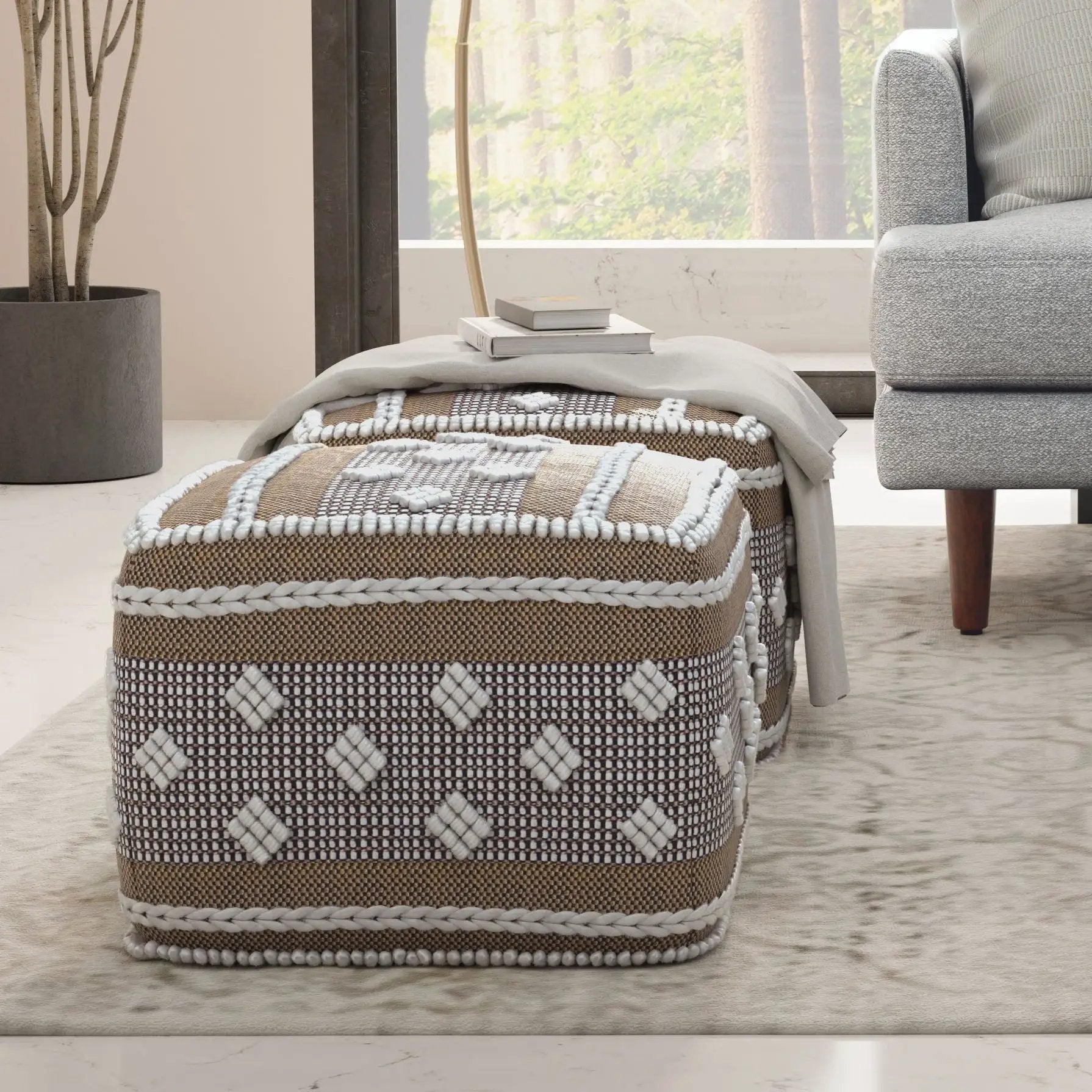 Mapleton - Outdoor / Indoor Pouf - Beige Gray / White by HouseOfZazla