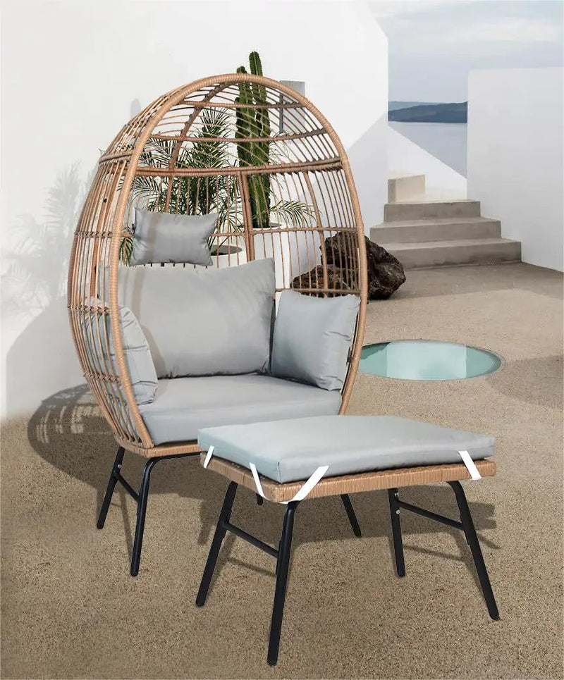 Outdoor Garden Wicker Egg Chair And Footstool Patio Chaise, With Cushions, Outdoor Indoor Basket Chair by HouseOfZazla