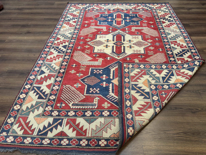 Turkish Kazak Rug 6x8, Caucasian Design, Geometric Medallions, Red Blue Beige by Jewel Rugs