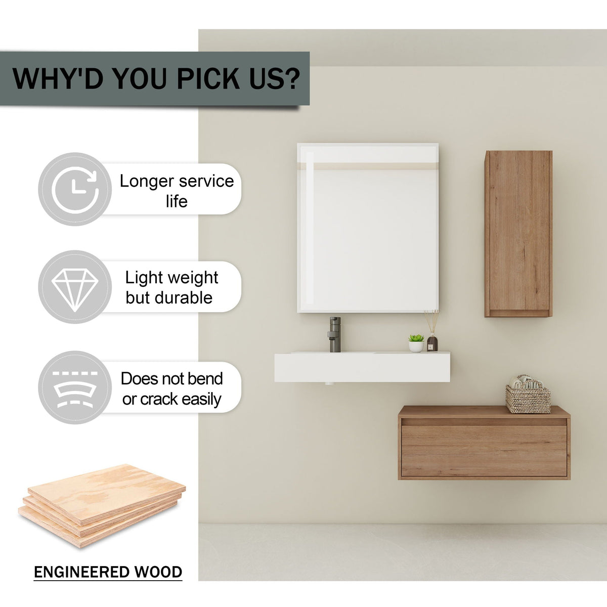Modern Wall Mounted Bathroom Vanity with Resin Sink and Side Cabinet - Imitative Oak, photo 20 of 21