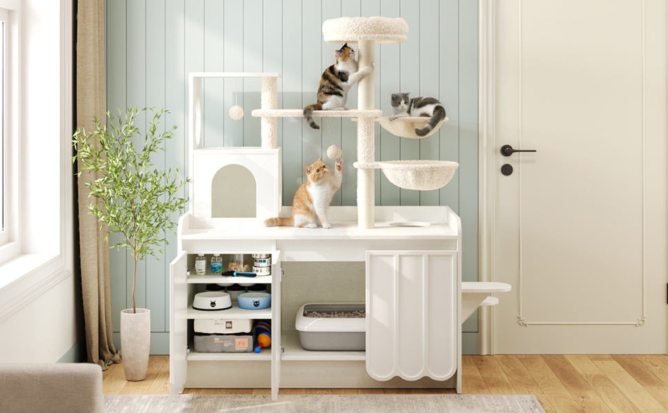50.6" Cat Tree with Litter Box Enclosure, Sisal Scratching Post & Storage by HouseOfZazla