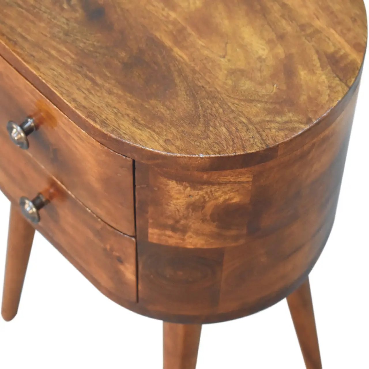 Solid Wood Mini Chestnut Rounded Nightstand, 2-Drawers, Nordic Legs by HouseOfZazla