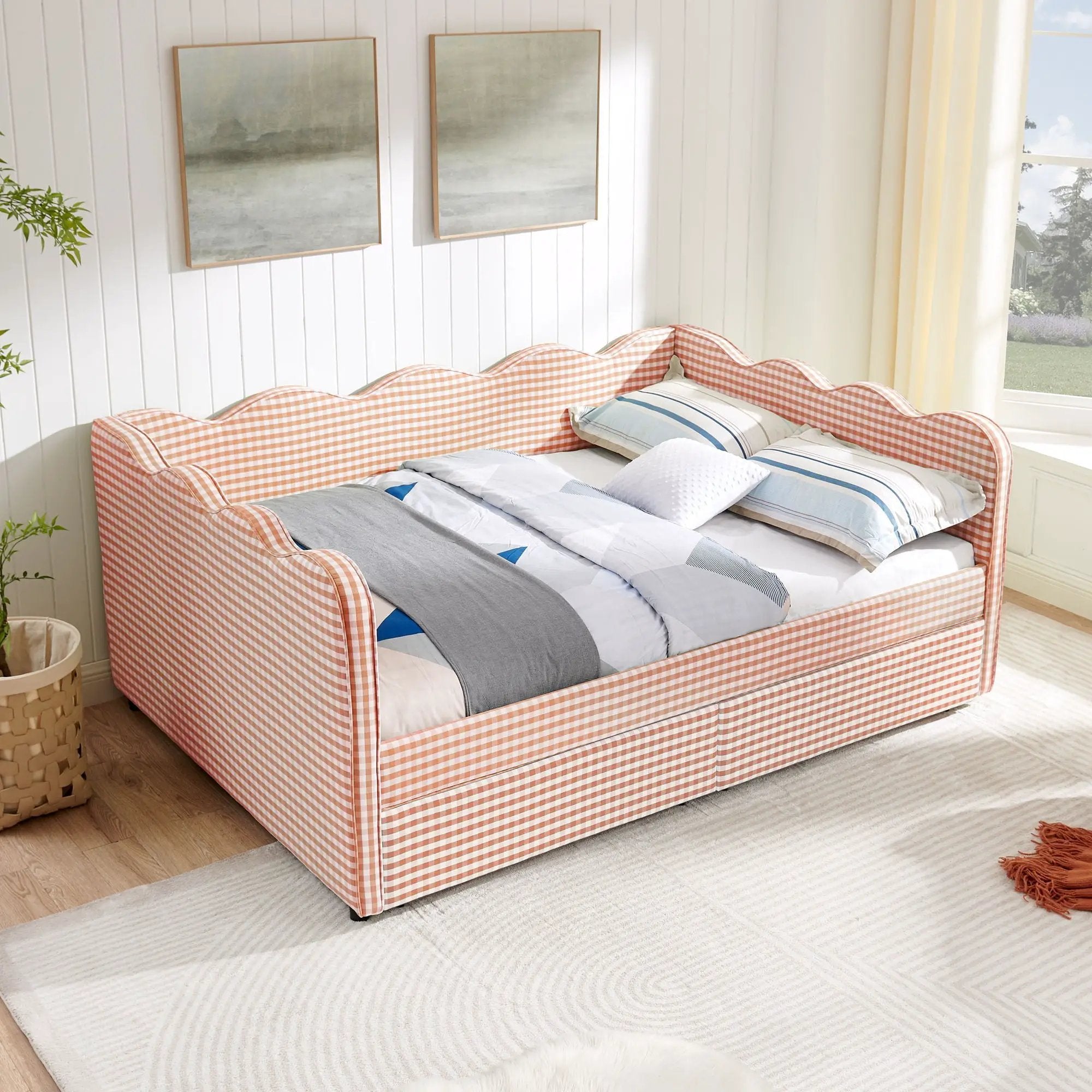 Gingham Daybed With USB Charging Port, Wave-Shaped Design by Unique Piece Furniture