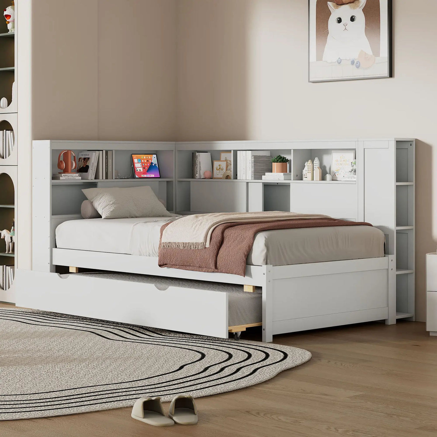 Daybed With Storage Shelves, USB Charging, And Trundle Bed by HouseOfZazla