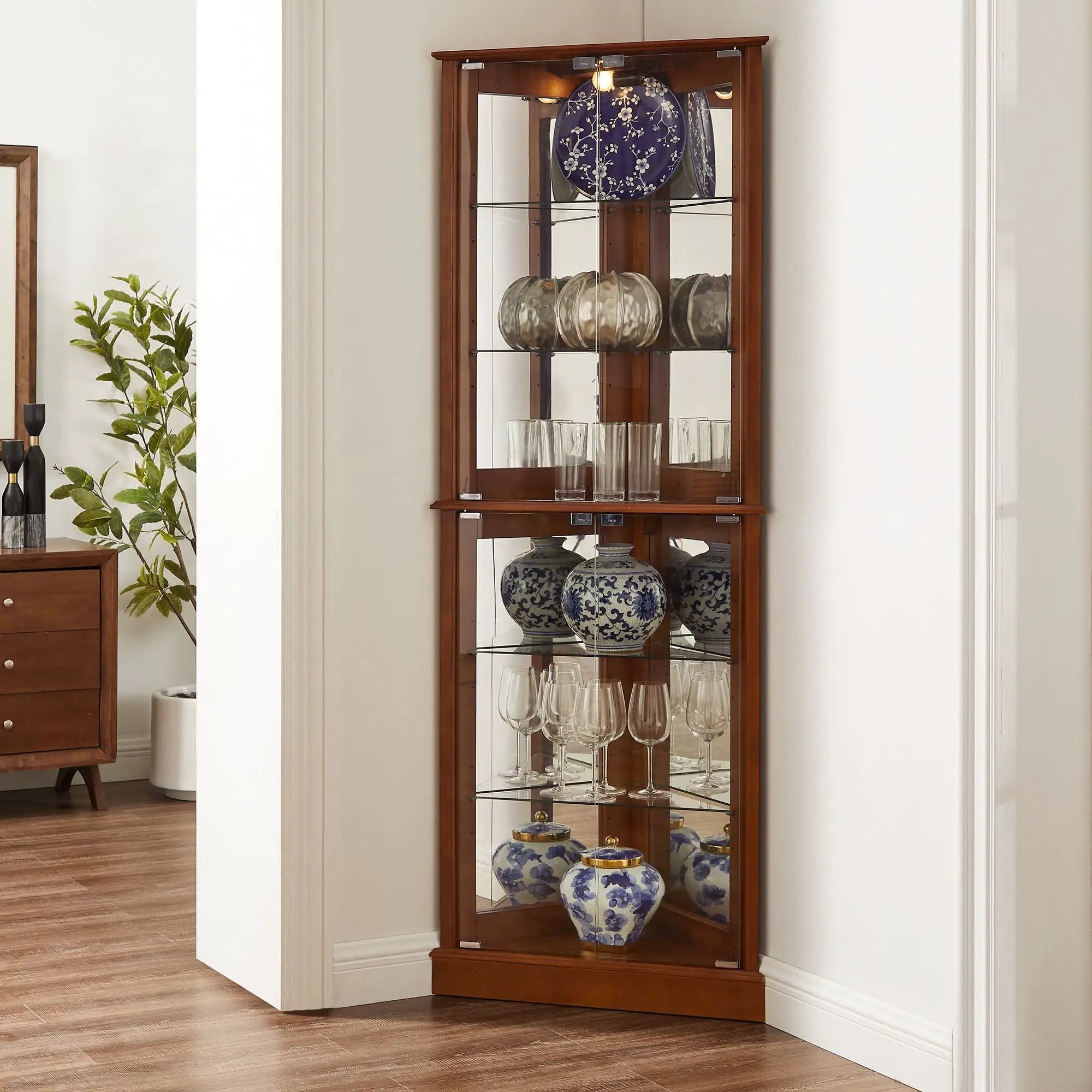 Corner Curio Dispaly Cabinet With Lights, Adjustable Tempered Glass Shelves, Mirrored Back (E26 Light Bulb Not Included) by Unique Piece Furniture