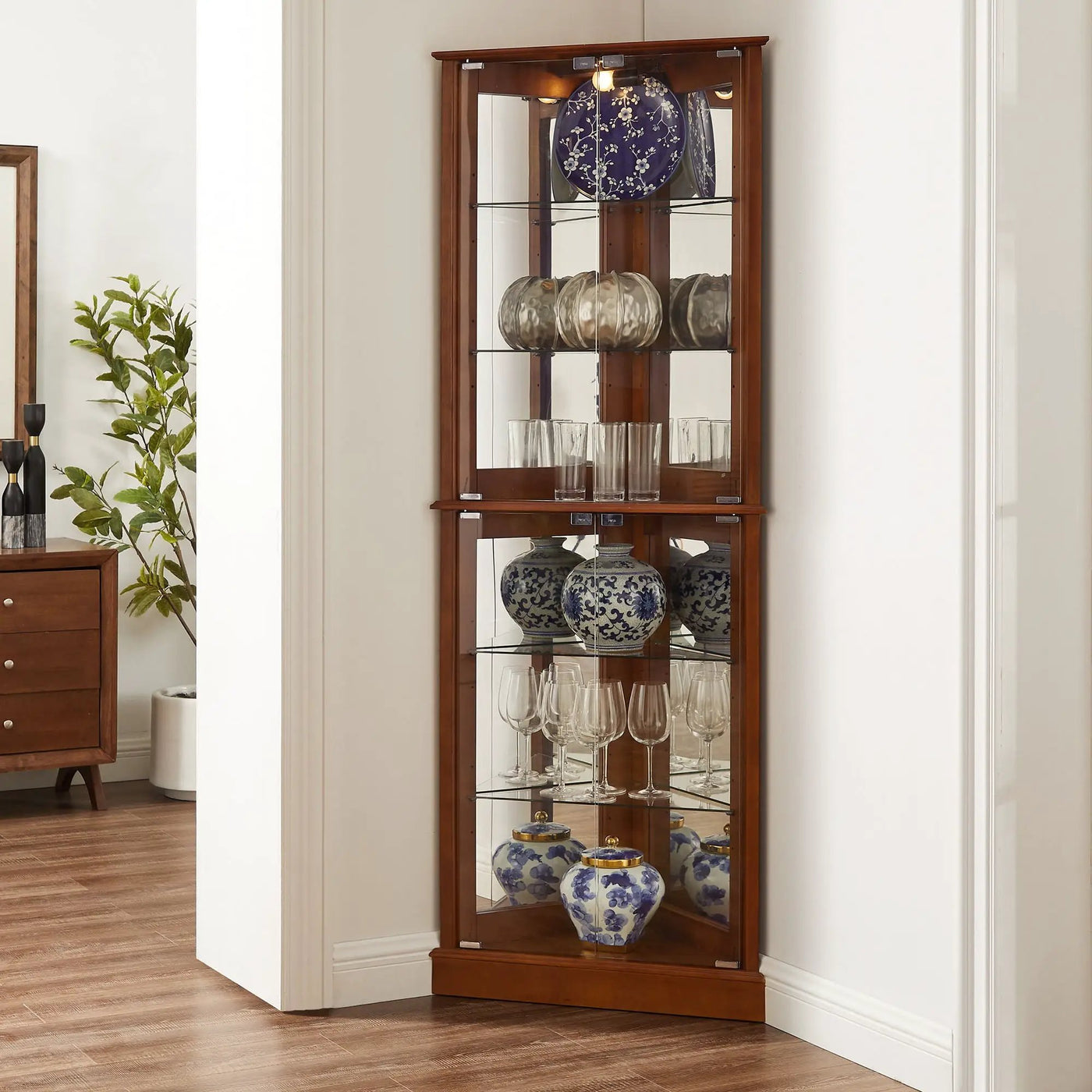 Corner Curio Dispaly Cabinet With Lights, Adjustable Tempered Glass Shelves, Mirrored Back (E26 Light Bulb Not Included) by HouseOfZazla