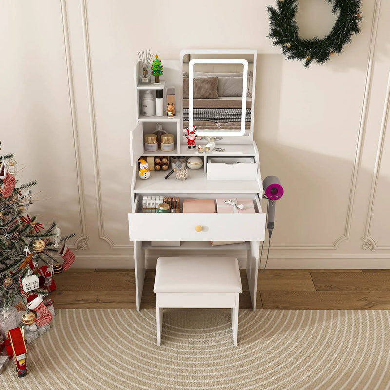 3 Color LED Vanity Mirror With Stool, Dressing Table For Bedroom, 2 Drawers & 5 Storage Cabinets (4 Open + 1 Hidden), Adjustable Lighting - White by Unique Piece Furniture