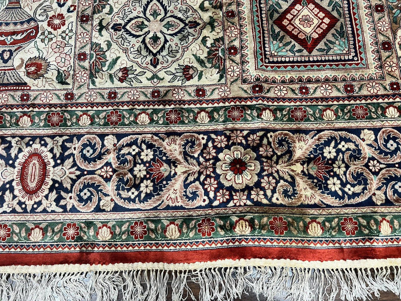 Silk Sino Persian Rug 9x12, Panel Design, Garden of Eden Pattern, Fine 200 KPSI, Hand Knotted Room Sized Silk Carpet, Vintage by Jewel Rugs