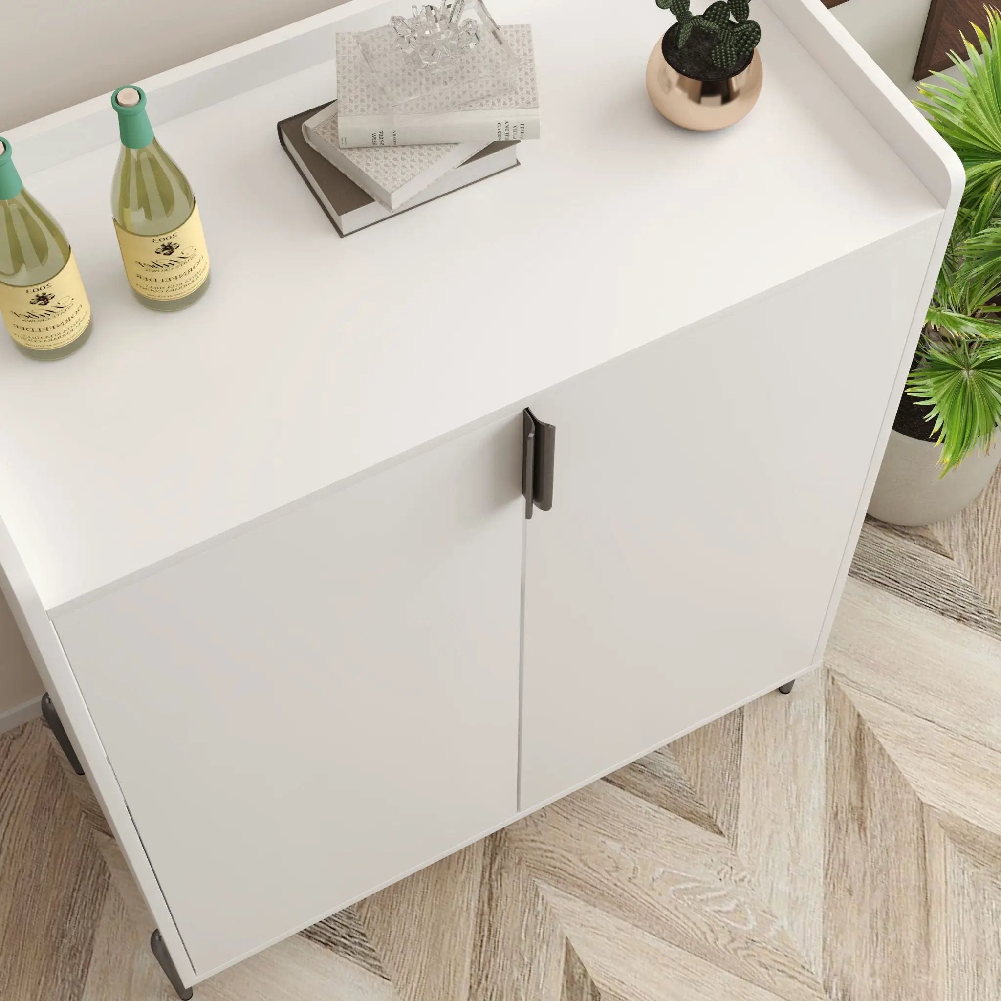2 Door Wine Bar Cabinet With Adjustable Shelf, Soft-Closing Hinges, And High Feet - White by HouseOfZazla