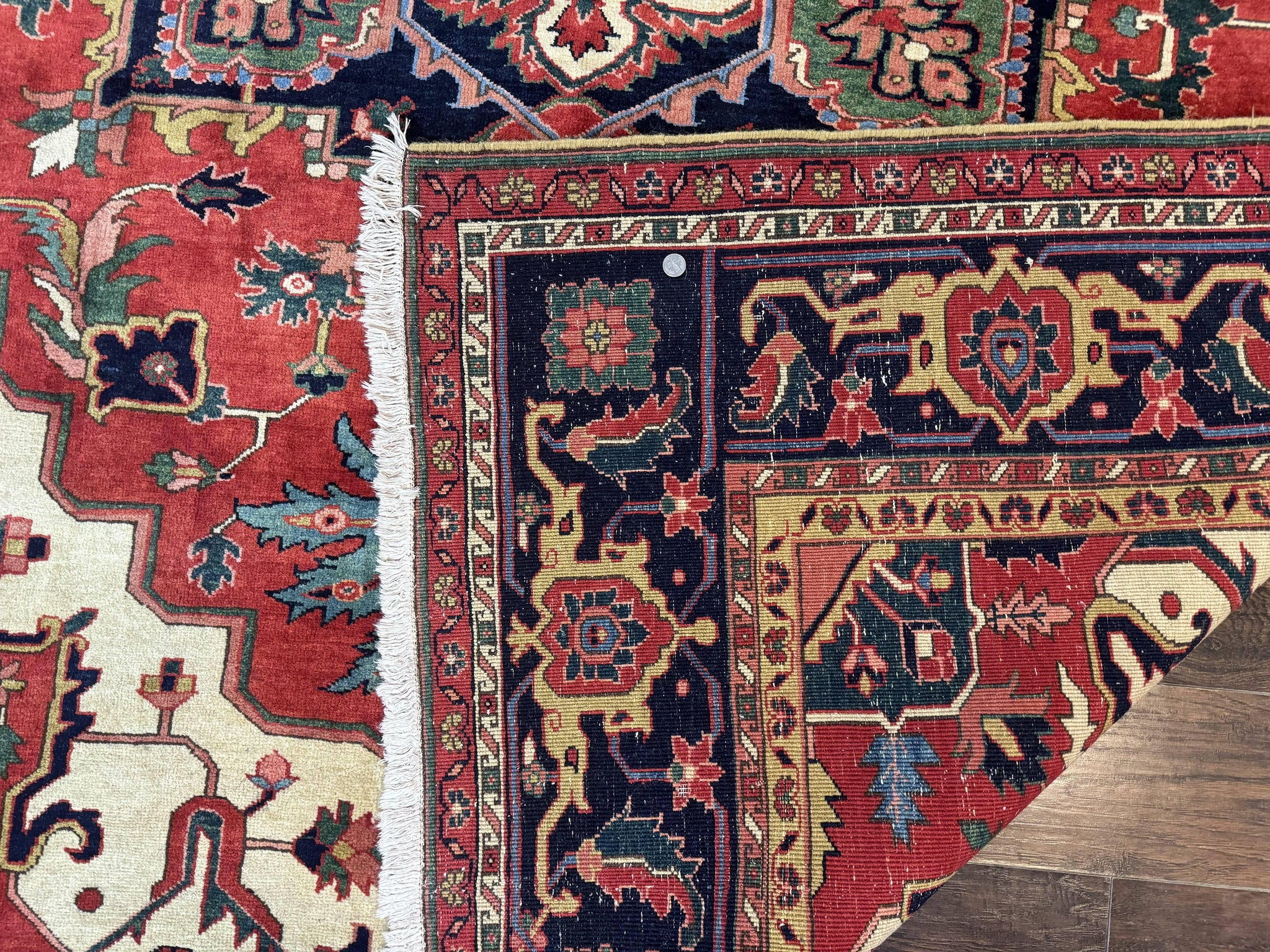 Persian Heriz Serapi Rug 8 x 10.6, Geometric Medallion, Great Colors, Rare, Red Navy Blue Ivory by Jewel Rugs