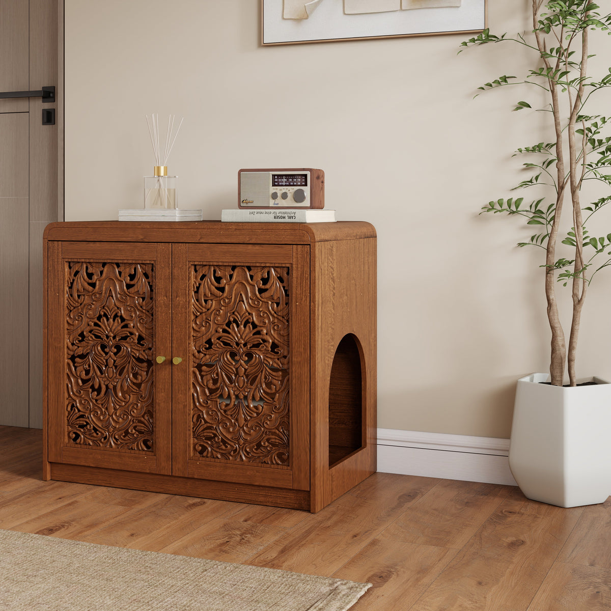 Walnut Cat Litter Box Enclosure Cabinet with Vent & Carved Doors - Walnut, photo 2 of 10