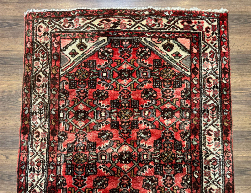 Persian Runner Rug 3x10, Wool Hand Knotted Hallway Rug 3 x 10 ft, Red and Ivory, Hamadan Angelas Runner by Jewel Rugs