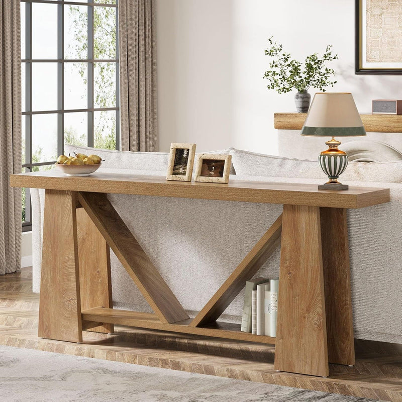 Slim 2 Tier Entryway Accent Extra Long Console Table For Living Room - Natural / Light Brown by HouseOfZazla