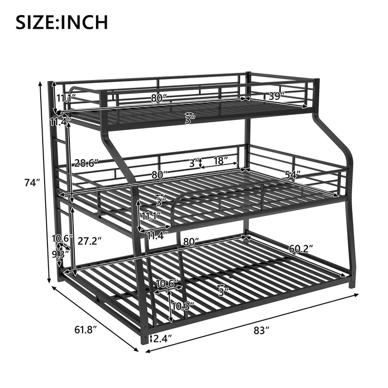 Twin Long / Full Long / Queen Triple Bunk Bed With Long And Short Ladder And Full-Length Guardrails - Black by HouseOfZazla